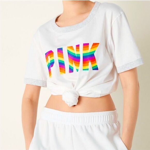 Victoria's Secret PINK Shirt  Campus
Crew Tee Pride Rainbow Logo - Picture 1 of 10